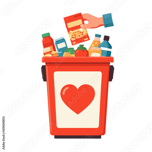 Food pantry vector illustration with hand donating groceries into a heart marked bin