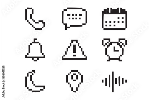 Retro 8-Bit Pixel Icon Pack Featuring Message Bell Location and Sound Signs