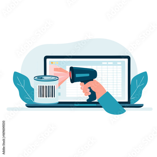 Food pantry vector illustration with hand holding barcode scanner and can next to laptop