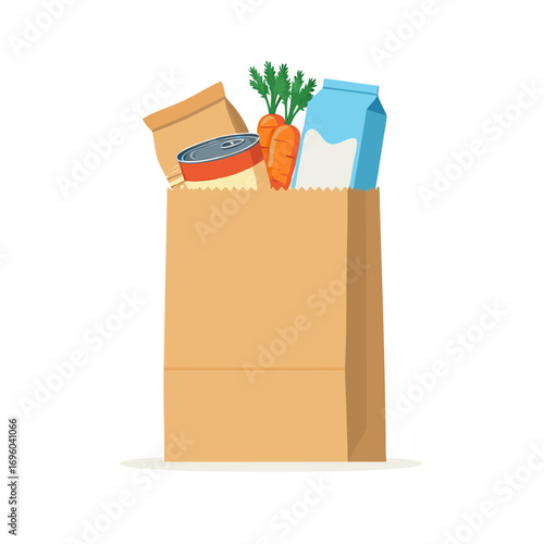 food pantry vector illustration with grocery bag full of fresh produce and canned goods
