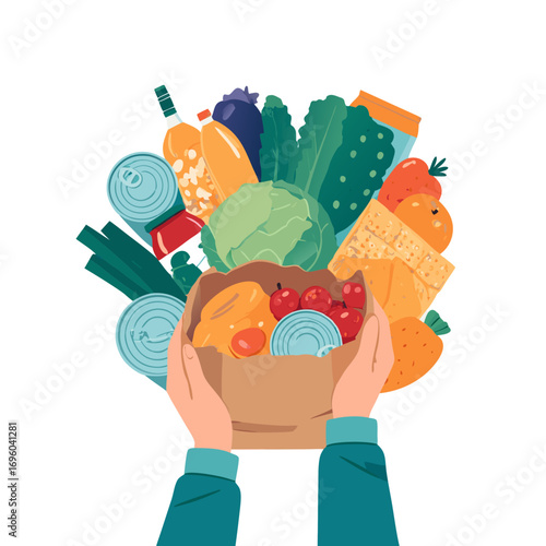 hands holding a food pantry vector basket full of fresh colorful vegetables and fruits