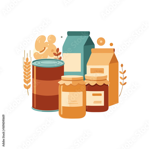 Food pantry vector illustration with various grocery items and fresh produce on white background for charity or donation concept