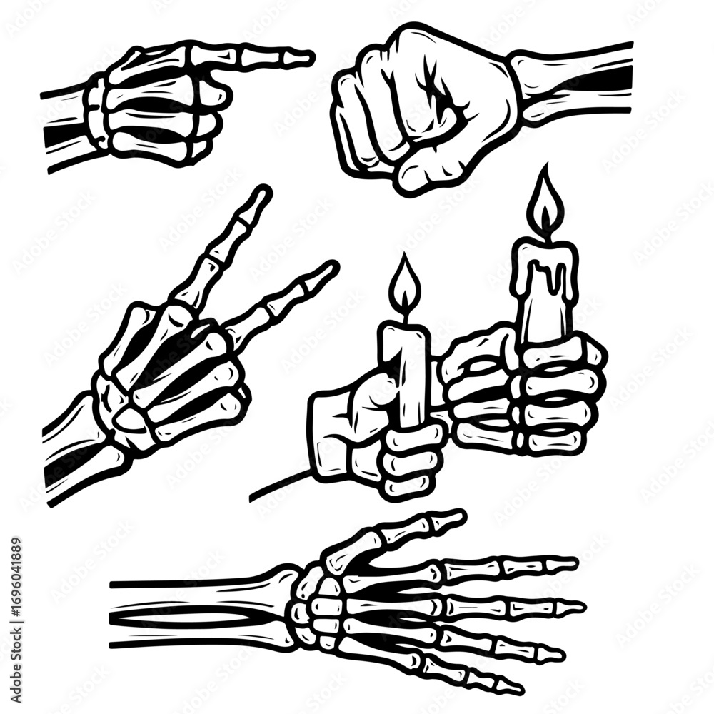 Obraz premium Skeleton Hand Gesture Icons – Bone Line Art for Rock, Point & Peace Signs