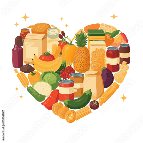 Food pantry vector illustration with various fresh produce and canned goods forming a heart shape symbolizing charity and community support