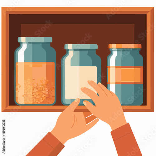 hands holding jars of food in a pantry vector illustration for food bank or donation concept