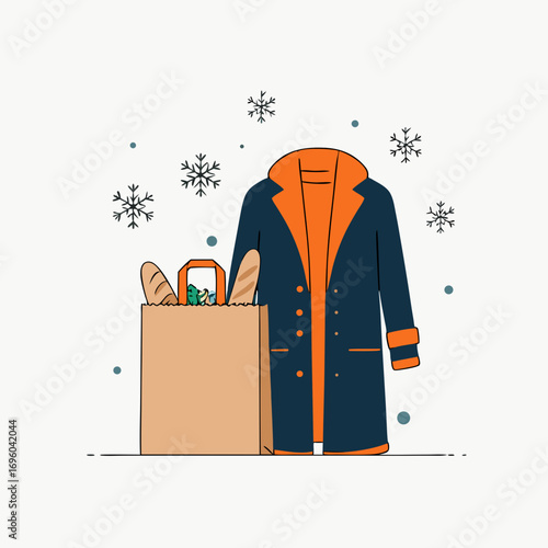 Vector illustration of coat and grocery bag for food pantry in winter