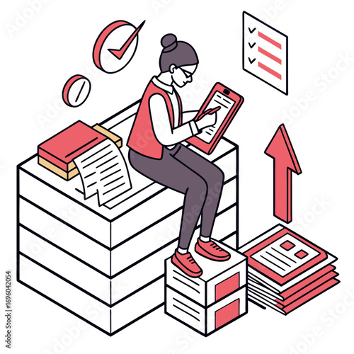 Woman Managing Tasks and Documents with Checklist and Files Illustration