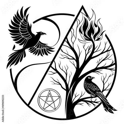 Black and White Symbolic Vector Illustration with Flying Bird, Tree, Fire Flame and Mystic Symbol