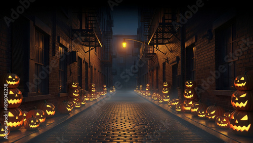 Spooky Old Alley with Jack-o’-Lanterns and Fog