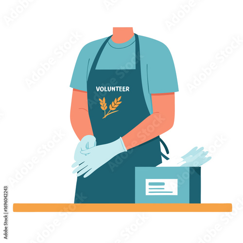 Volunteer wearing apron and gloves standing at food pantry vector donation counter