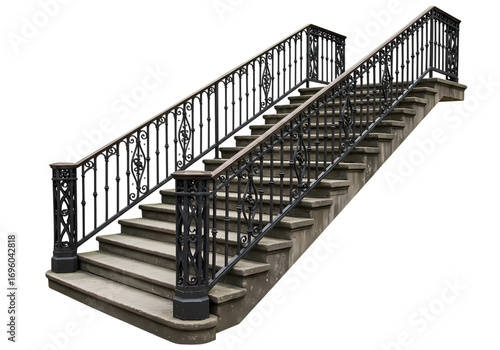 Elegant Stone Staircase with Metal Railing isolated on transparent background