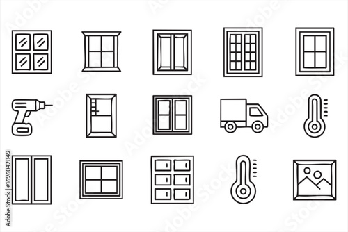 Minimal Outline Icon Pack Featuring Glass Frames Delivery and Installation Signs