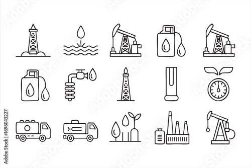 Minimal Outline Icon Pack Featuring Petroleum Drop Gas Factory and Transport