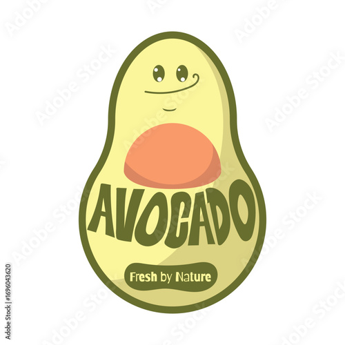 Fun avocado cartoon logo design with smiling face and fresh by nature text. Perfect for stickers, food packaging, eco branding, healthy lifestyle products, and labels
