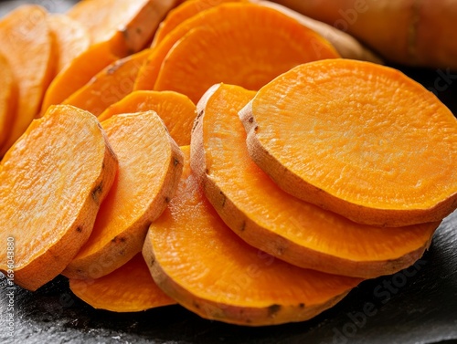 Close-up of sliced sweet potatoes, revealing their bright orange flesh and smooth texture