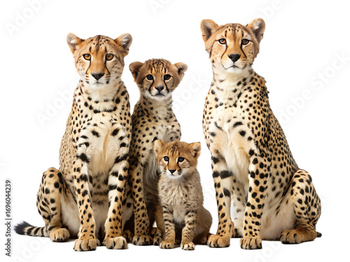 Family of cheetahs isolated on transparent background, showcasing their beauty and grace, a mother and father with their adorable cubs, a heartwarming scene