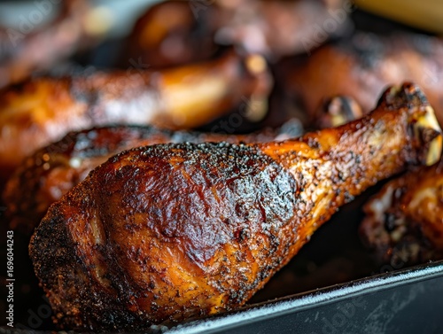 Close-up of smoked turkey legs with a deep, rich color and crispy skin