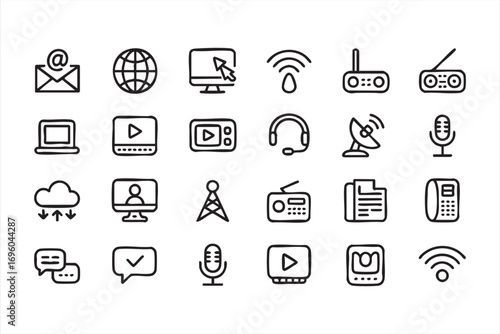 Flat Communication Icons of Email Cloud WiFi and Video in Minimal Style