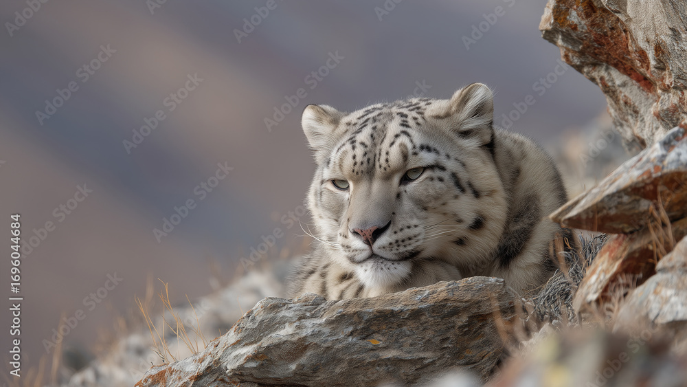 Fototapeta premium Snow leopard portrait on rocky terrain