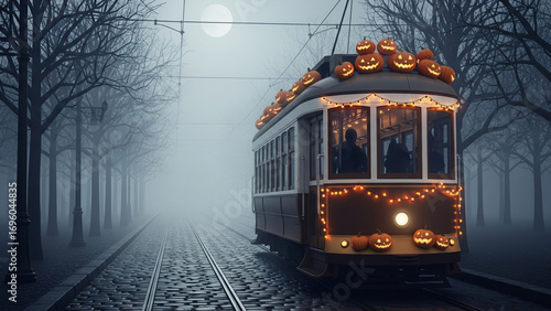 Tram with Rooftop Jack-o’-Lanterns on a Foggy Tree-Lined Avenue