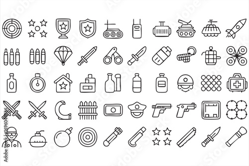 Military and Warfare Line Icons Set with Weapons Ammunition and Security Symbols