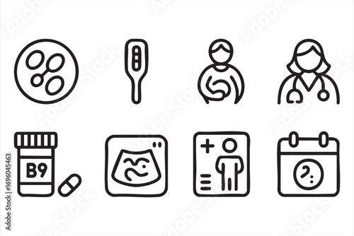 Pregnancy and Healthcare Line Icons Set with Doctor Ultrasound and Medicine