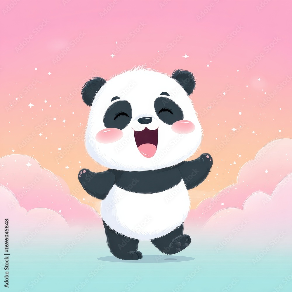 Naklejka premium Happy cartoon panda dancing joyfully in a colorful sky with pastel clouds
