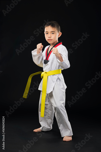 Single Asian male taekwondo athlete standing guard, ready to fight on a black background