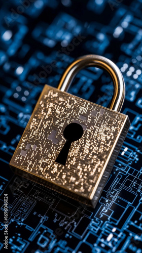 Golden padlock with digital circuit pattern symbolizes cybersecurity and data protection against threats. background features blue circuit board, emphasizing artificial intelligence in security
