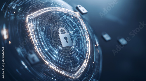 Glowing shield with lock symbol its center represents cybersecurity and data protection. digital design highlights artificial intelligence role combating threats and securing sensitive information