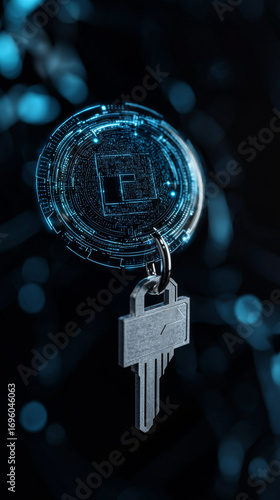 Digital key symbolizing cybersecurity and data protection is depicted with futuristic design, incorporating artificial intelligence elements and glowing circuits, emphasizing protection against