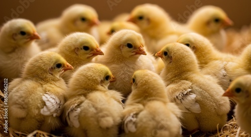 ふわふわ雛鳥群 暖色光優しく包む 幸せな瞬間. AI Generated