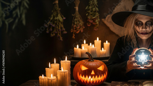 Crystal Ball, Candles, and Jack-o’-Lantern Still Life