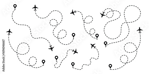 Airplane line path route travel vector concept. Simple airplane travel line path with map pins. Air plane routes dotted paths aircraft travel route start point flight destination black airplane.