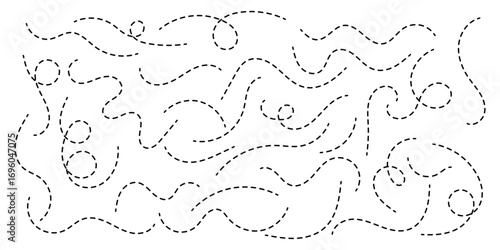 Hand drawn squiggle loopy line vector icon, abstract curved dotted line, abstract hand drawn dotted line collection. Dotted spiral curve line. Hand drawn curly border. Long squiggle dashed vector