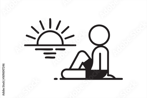 Minimal Line Icon of Person Watching Sunset at Beach