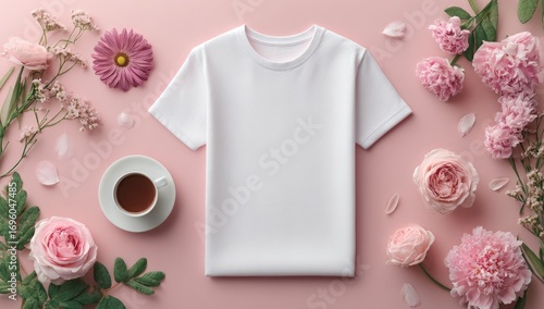 Blank white t-shirt surrounded by pink flowers and a coffee cup on a pink background