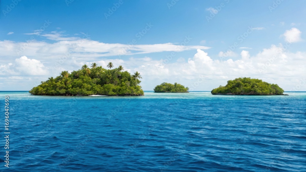 Obraz premium A serene landscape featuring small tropical islands surrounded by clear blue waters and fluffy clouds under a bright sky.