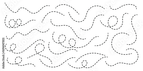 Hand drawn squiggle loopy line vector icon, abstract curved dotted line, abstract hand drawn dotted line collection. Dotted spiral curve line. Hand drawn curly border. Long squiggle dashed vector