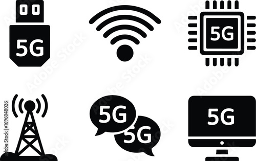 5G Wireless Technology and Connectivity Icons Set.