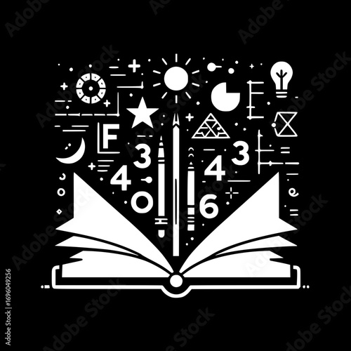 Minimalist black and white vector of open book with letters and numbers, flat educational symbol design