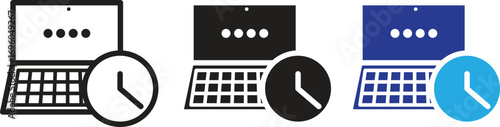 An icon symbolizing a timed login or session timeout, featuring a laptop with a password field and an overlapping clock. The icon is shown in outline, solid, and two-color versions.
