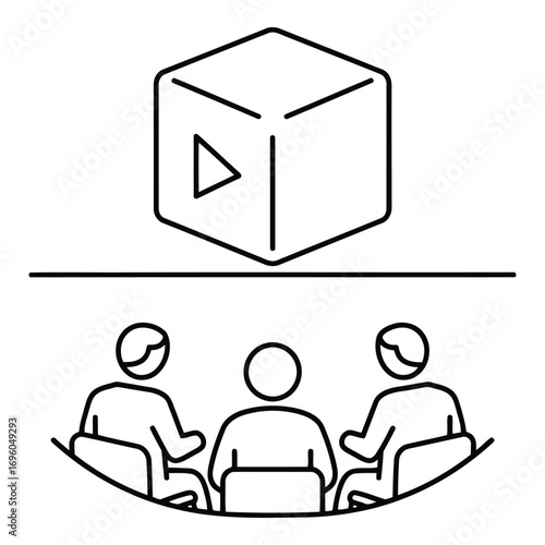 Vector art of icon representing a 3d movie experience with people watching a cube