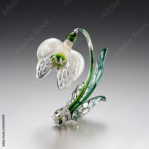 Delicate, translucent snowdrop brooch, crafted from intricate glasswork and adorned with glittering diamonds, showcasing a detailed, artistic design.