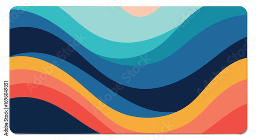 Minimal flat vector illustration of a modern mousepad design with abstract wave shapes, bold solid colors, smooth curves, and clean minimal style.