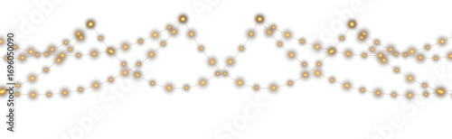 Decorative string lights PNG. Glowing Christmas fairy garland with warm yellow lamps on transparent background. Festive holiday lights for party, wedding, New Year, night event decoration design.