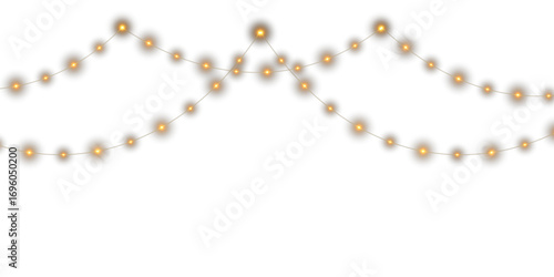 Christmas garland lights. Shiny glowing LED string with warm lamp bulbs isolated on transparent background. Festive decoration for wedding, birthday, holiday celebration and night events.