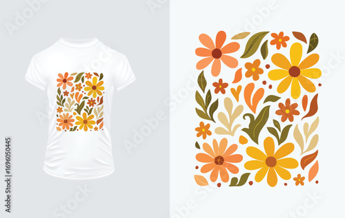 Retro Floral Pattern T- Shirt Design With Autumn Colors flowers leaves