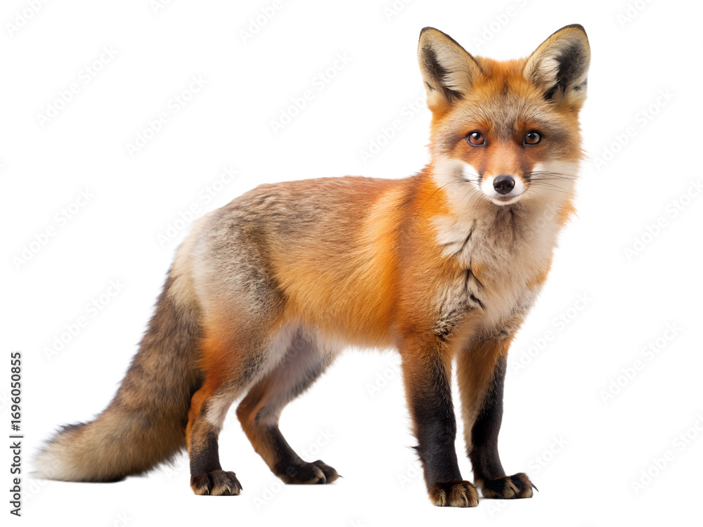 Fototapeta premium Beautiful red fox standing isolated on transparent background, looking at the camera, wild animal, wildlife, studio shot, full length, portrait