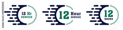 12 hours service icon vector set. 12 hours service duration sign. Vector set of hour labels. 12 hours clock arrow icons, work and delivery time symbols. 12hr support sign collection. EPS 10
